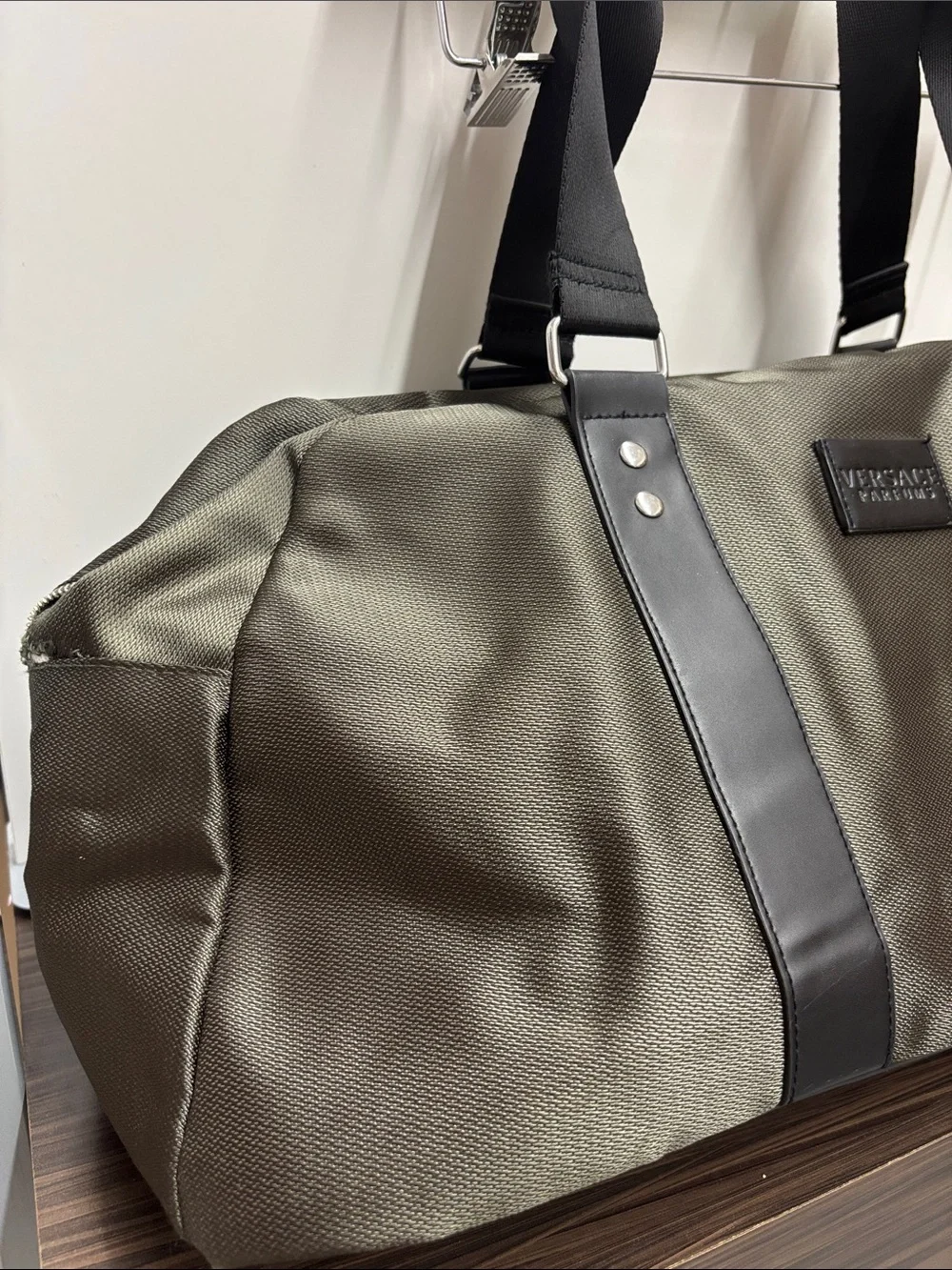 Versace Parfums Olive Green and Black Travel Duffle Bag - Broken Zipper